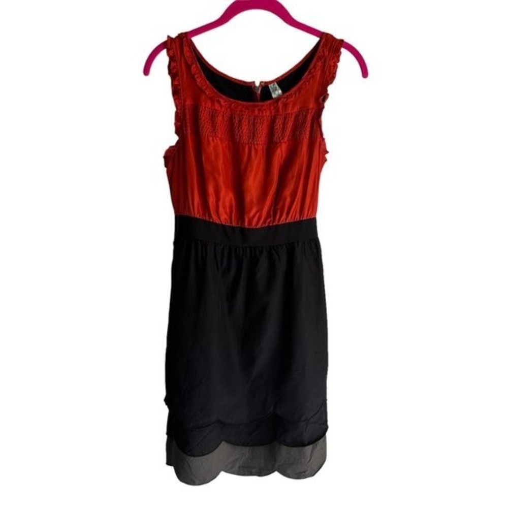MAEVE Anthtopologie‎ Red Orange & Black Silk Sleeveless Scalloped Party Dress, 4